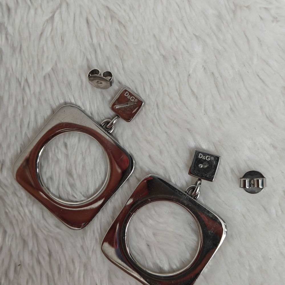Dolce & Gabbana D&G Silver Tone Crystal Square Drop Earrings Logo Engraved - Picture 3 of 6